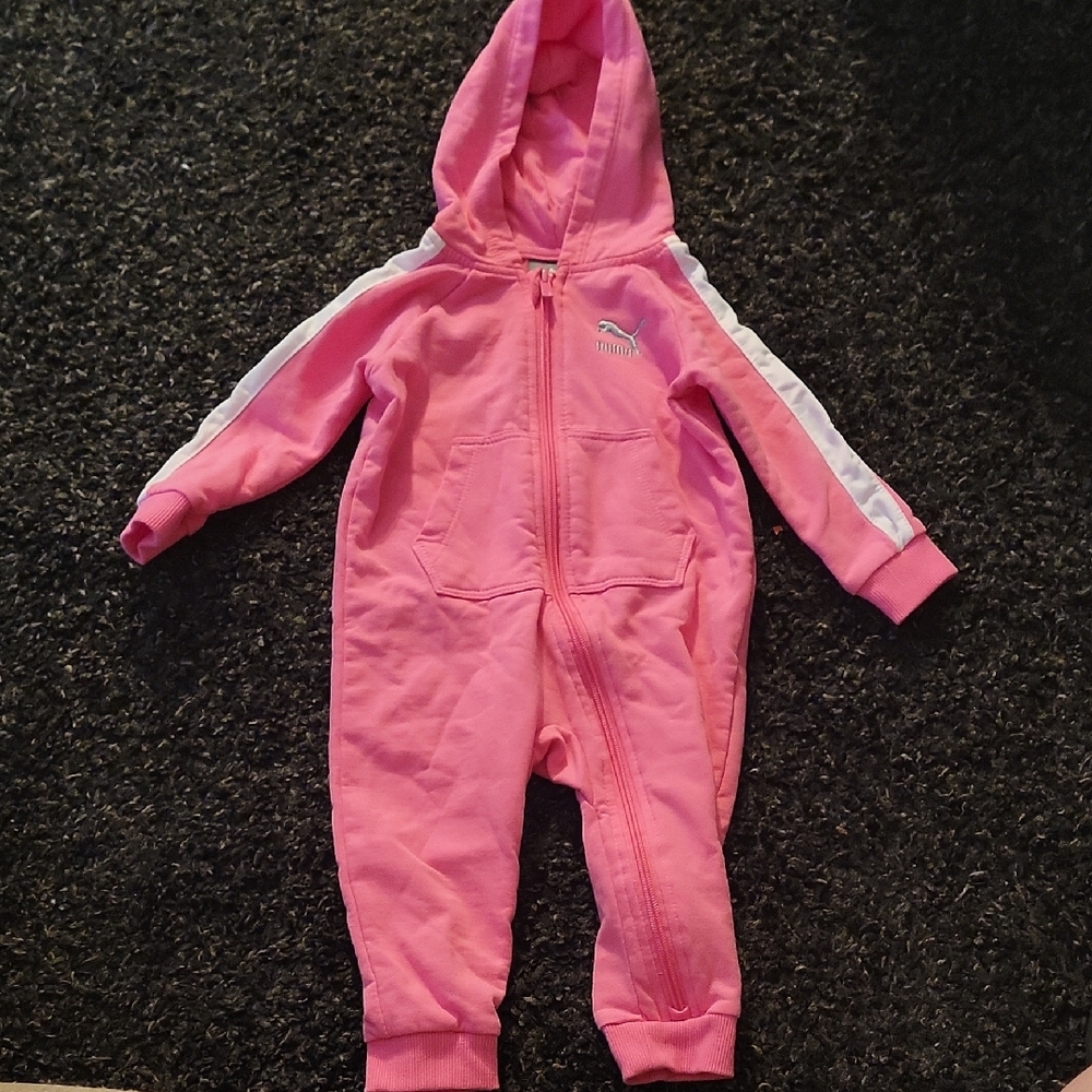 Puma Pink Hooded Kids Footed One-Piece with White Stripe